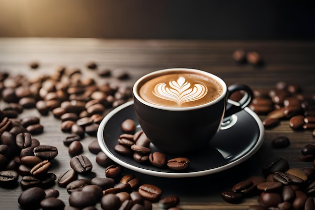 Une tasse de café avec un latte art sur le bord.