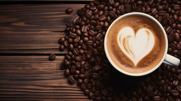 Une tasse de café latte en forme de cœur et de grains de café sur un vieux fond en bois