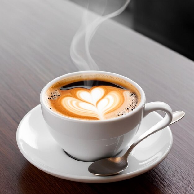 Une tasse de café avec un latte en forme de cœur sur une table en bois