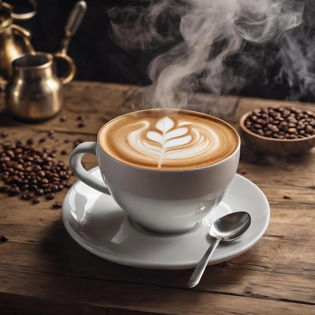 Une tasse de café latte sur une table en bois avec de la vapeur Journée internationale du café