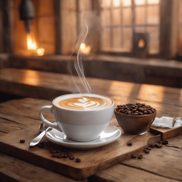 Une tasse de café latte sur une table en bois avec de la vapeur Journée internationale du café