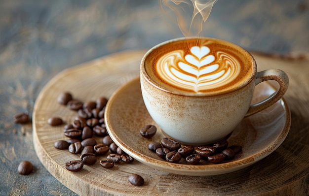 Une tasse de café latte à la vapeur reposant sur une surface en bois entourée de grains de café et d'urne évoquant une atmosphère chaleureuse et confortable