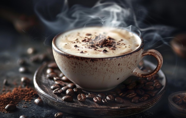 Une tasse de café latte à la vapeur reposant sur une surface en bois entourée de grains de café et d'urne évoquant une atmosphère chaleureuse et confortable