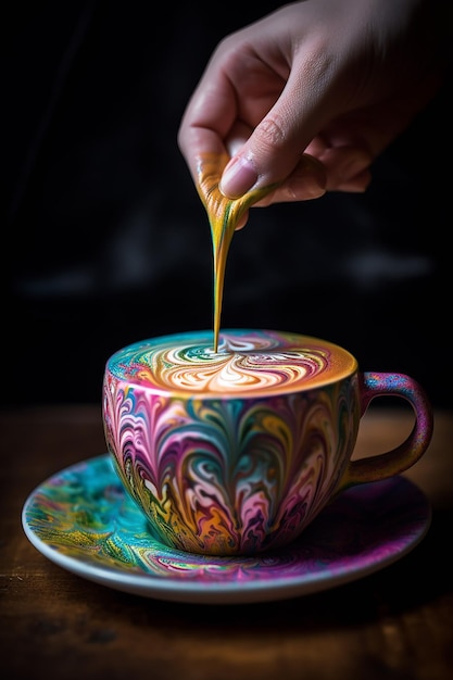 Une tasse de café avec un liquide de couleur arc-en-ciel qui y est versé.