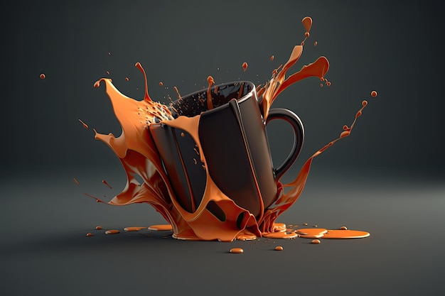 Une tasse de café avec un liquide orange et une éclaboussure de liquide.