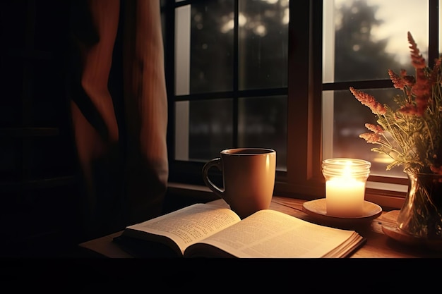 Tasse de café et livre coloré ouvert le matin