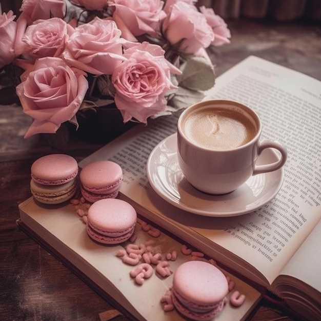 Une tasse de café et un livre avec des fleurs roses