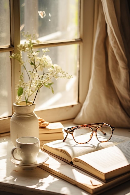 Tasse de café et livre fond beige