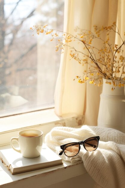 Tasse de café et livre fond beige