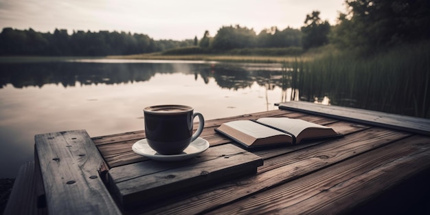 Tasse de café et livre sur la jetée en bois sur le lac d'été