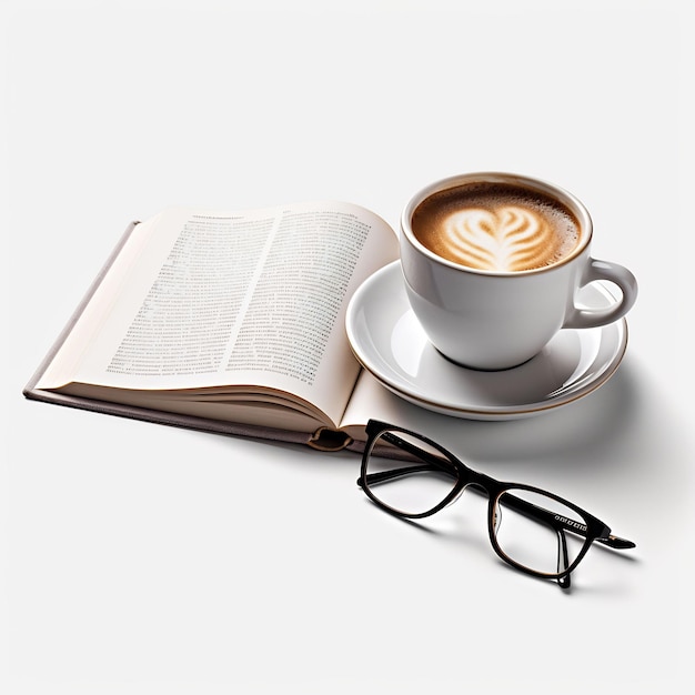 une tasse de café et un livre avec un livre sur le côté