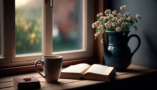 Une tasse de café et un livre avec un rebord de fenêtre en arrière-plan et un vase de fleurs Generative Ai