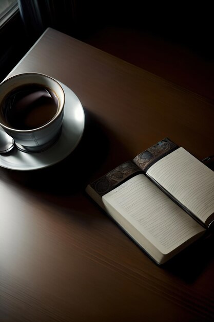 Une tasse de café et un livre sur une table