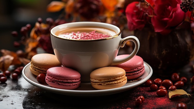 Tasse à café avec macarons cadre en bois rustique