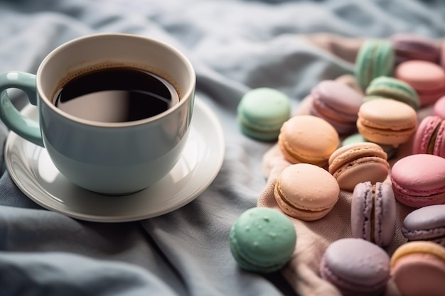 Une tasse de café et des macarons sur un plateau