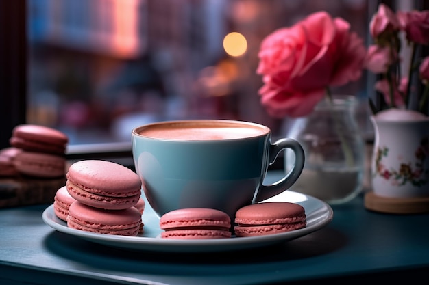 Une tasse de café et des macarons roses sur une table teal