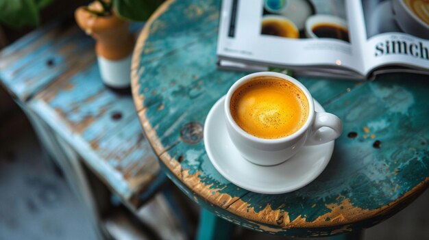 Une tasse de café et un magazine sur la table