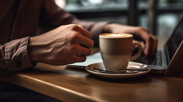 Une tasse de café à la main à côté d'un ordinateur portable Une tasse de cappuccino chaud avec des biscuits une IA générative
