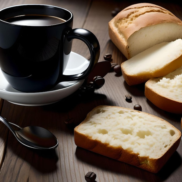 Une tasse de café avec un morceau de pain sur une illustration de table en bois