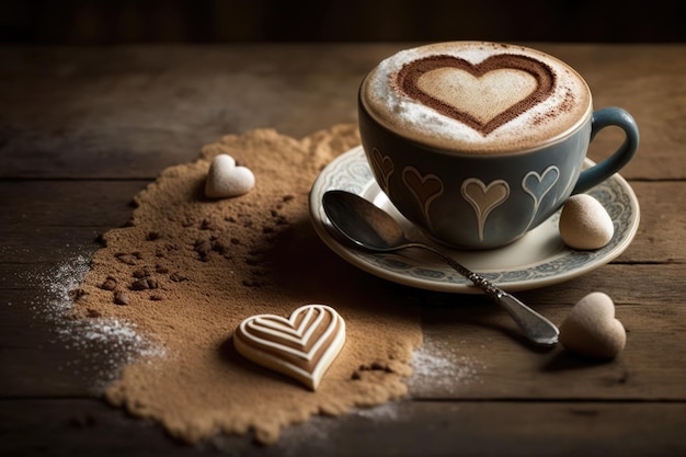 Tasse de café avec motif coeur et biscuits sur une table en bois créée à l'aide de la technologie générative ai