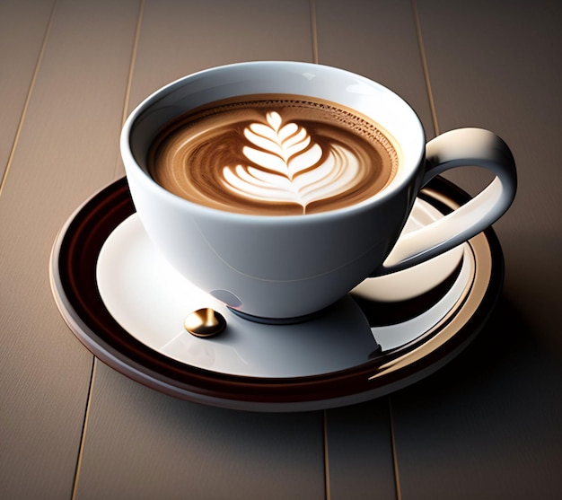 Une tasse de café avec un motif de feuilles sur le bord et une assiette sur la table.