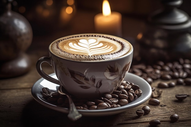 Une tasse de café avec un motif de feuilles sur le bord est posée sur une table en bois à côté d'une bougie.