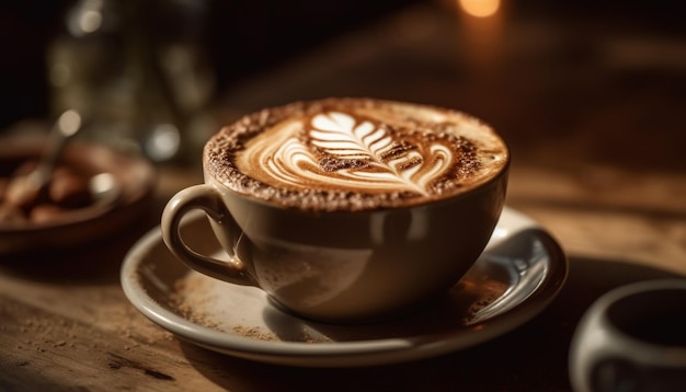 Une tasse de café avec un motif de feuilles sur le bord