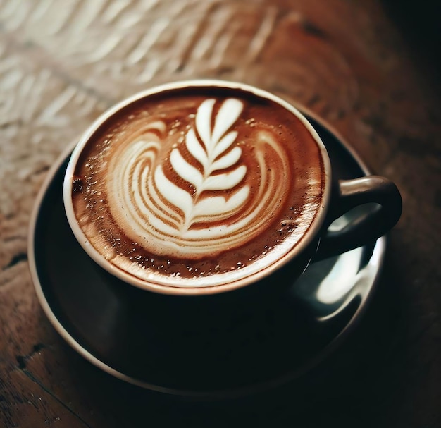 Une tasse de café avec un motif de feuilles sur le bord