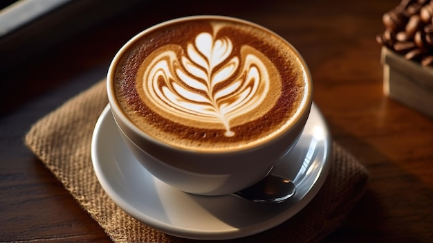 Une tasse de café avec un motif de feuilles sur le bord