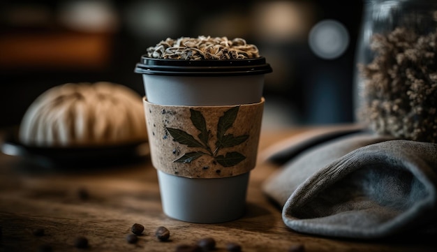 Une tasse de café avec un motif de feuilles dessus