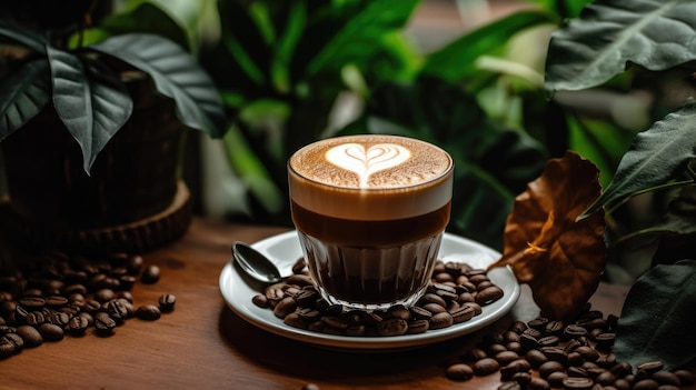 Une tasse de café avec un motif de feuilles sur le dessus