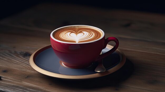 Une tasse de café avec un motif en forme de cœur sur le bord