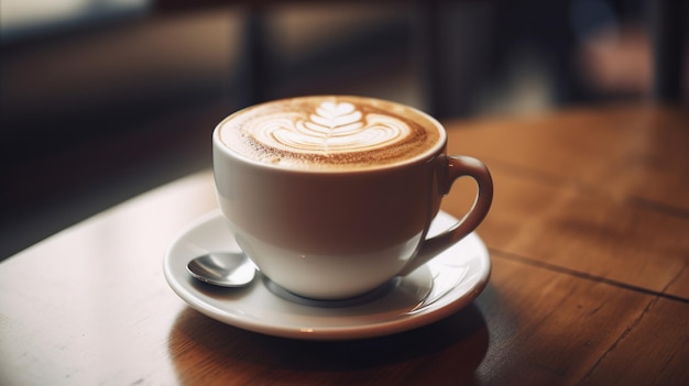 Une tasse de café avec un motif en forme de cœur sur le dessus.