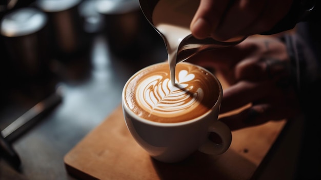Une tasse de café avec un motif en forme de cœur sur le dessus.