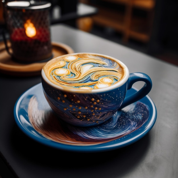 Une tasse de café avec un motif de tourbillon bleu et jaune dessus.
