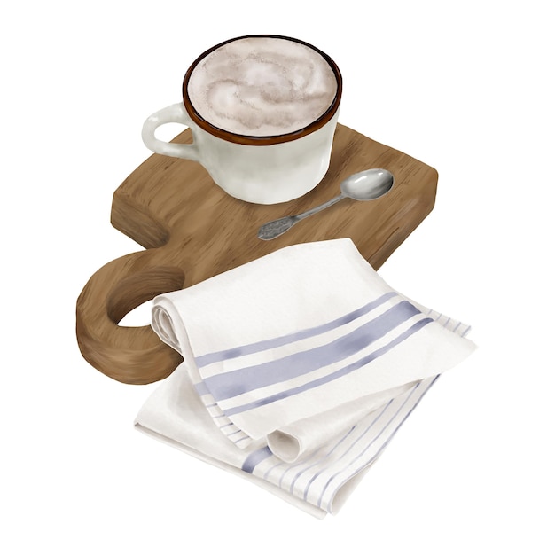 Tasse de café avec de la mousse de chocolat sur une planche de bois et une cuillère à café Illustration numérique à l'aquarelle serviette de cuisine pliée serviette en tissu à rayures bleues