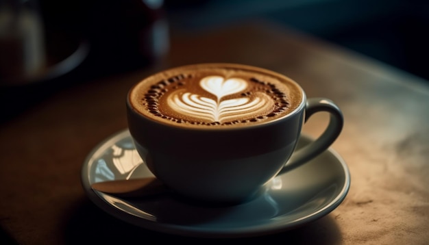 Une tasse de café mousseuse avec de la mousse en forme de cœur sur une table en bois générée par l'intelligence artificielle