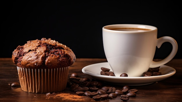 Une tasse de café avec un muffin au chocolat.