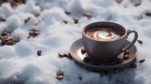 une tasse de café sur la neige blanche