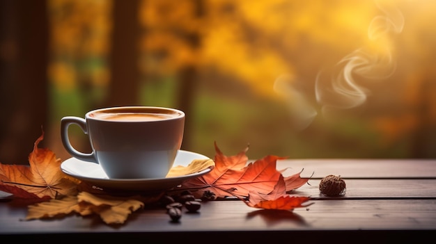 Une tasse de café nichée parmi les feuilles d'automne sur une table en bois