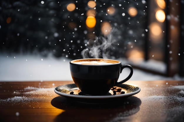 Tasse de café noir fond café chaud vapeur neige chute boisson hiver bannière copie espace texte