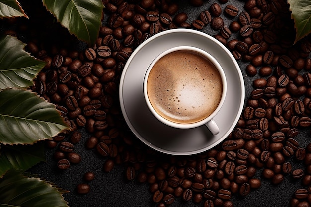 Tasse de café noir avec des haricots et des feuilles vertes