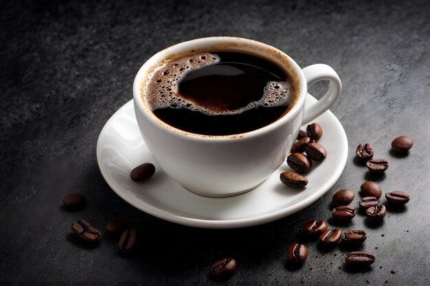 Photo une tasse de café noir avec des haricots rôtis sur un fond sombre