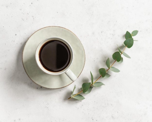 Tasse de café noir sur une table texturée blanche avec une branche d'eucalyptus Vue de dessus style minimaliste