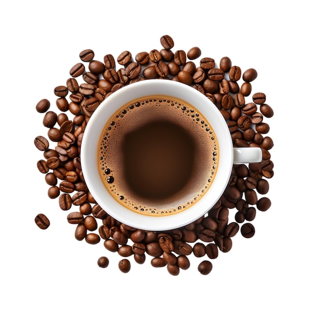 tasse de café noir avec vue de dessus de grains de café isolé sur fond blanc