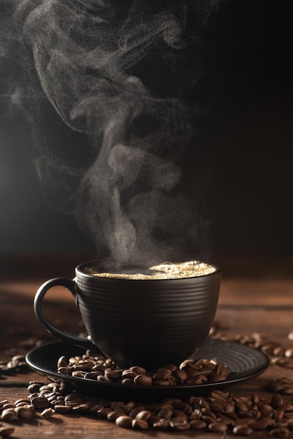 Tasse à café noire avec café chaud et fumée sur bois rustique style alimentaire sombre mise au point sélective photo