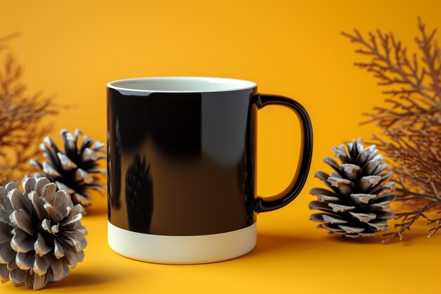 Une tasse de café noire avec des cônes de pin sur un fond jaune vibrant