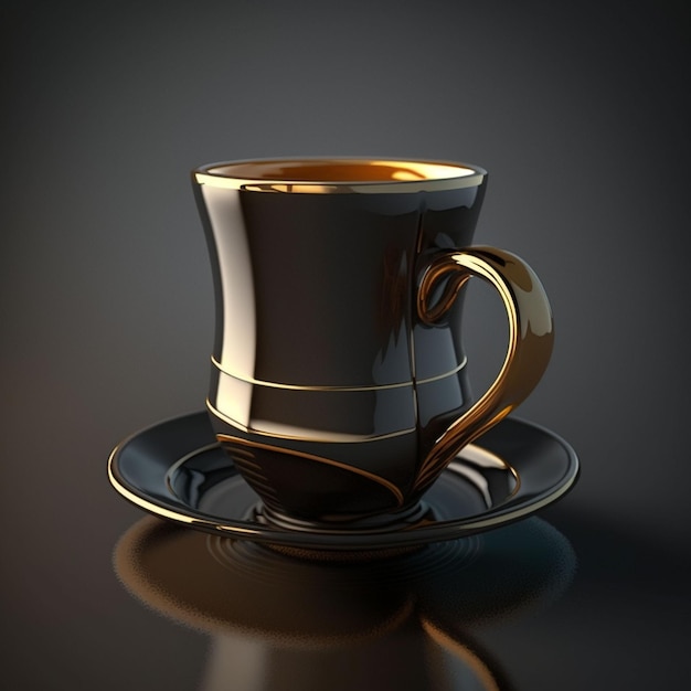 Une tasse à café noire et dorée avec une poignée dorée repose sur une surface noire.