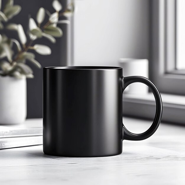 une tasse de café noire est assise sur une table à côté d'une fenêtre