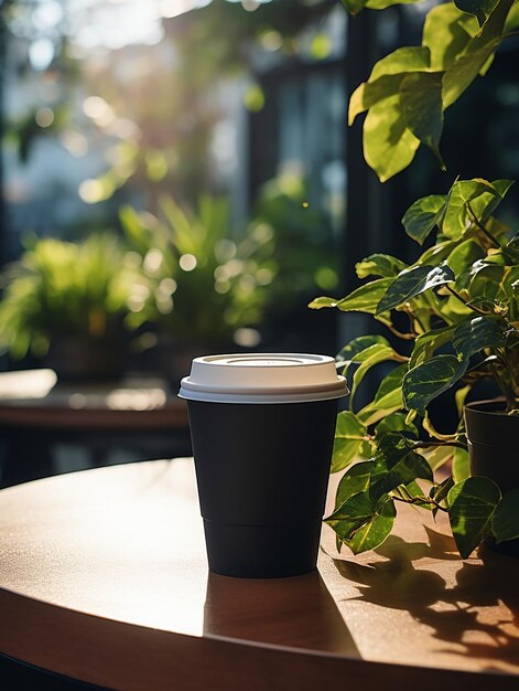 une tasse de café noire est assise sur une table à côté d'une plante en pot